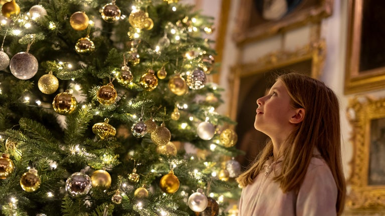 Girl looking up at decorated Christmas tree in the Drawing Room at Hatchlands Park